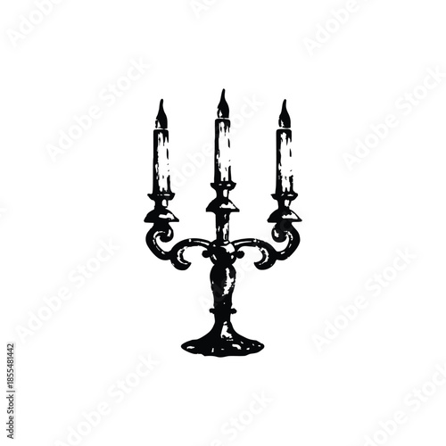 Black and white vintage candle holder illustration in hand drawn style, vintage retro line art vector