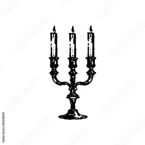 Black and white vintage candle holder illustration in hand drawn style, vintage retro line art vector