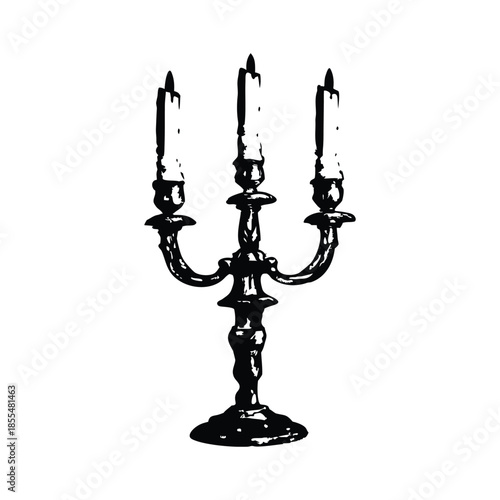 Black and white vintage candle holder illustration in hand drawn style, vintage retro line art vector