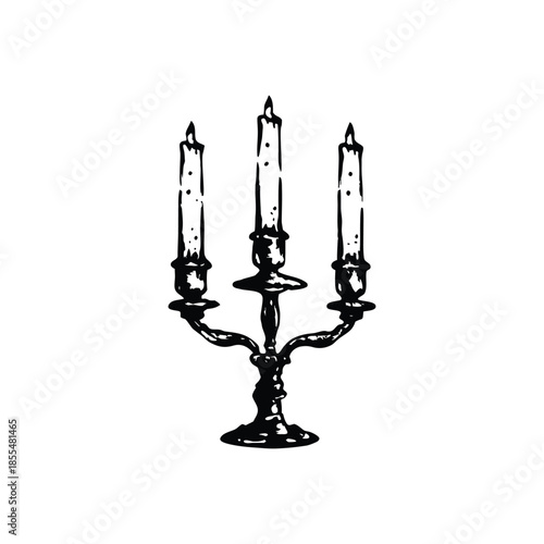Black and white vintage candle holder illustration in hand drawn style, vintage retro line art vector