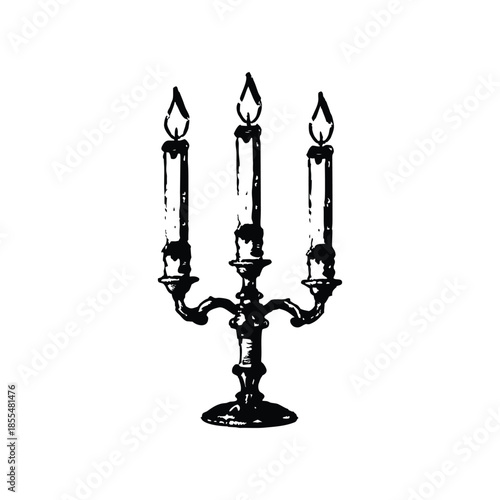 Black and white vintage candle holder illustration in hand drawn style, vintage retro line art vector