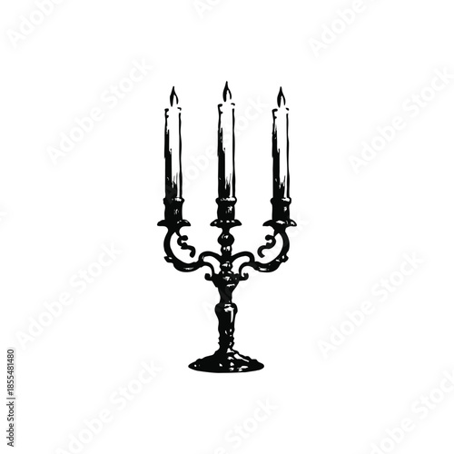 Black and white vintage candle holder illustration in hand drawn style, vintage retro line art vector