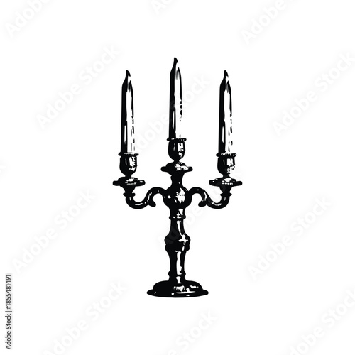 Black and white vintage candle holder illustration in hand drawn style, vintage retro line art vector