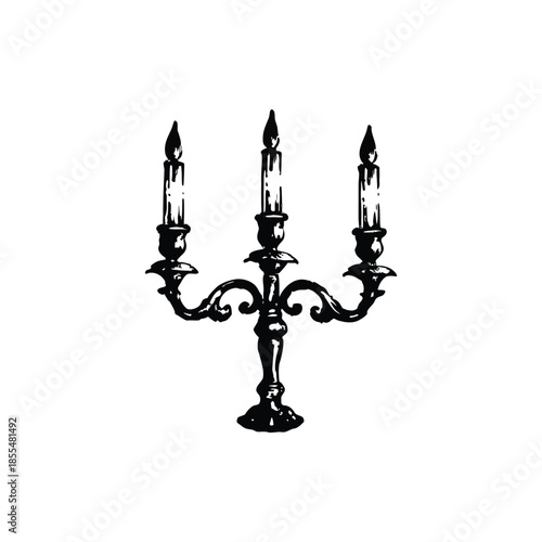 Black and white vintage candle holder illustration in hand drawn style, vintage retro line art vector