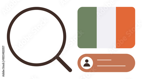 Magnifying glass next to Irish flag and user profile icon with lines. Ideal for identity verification, nationality search, personal data, recruitment, research, nationality, privacy. Clean flat