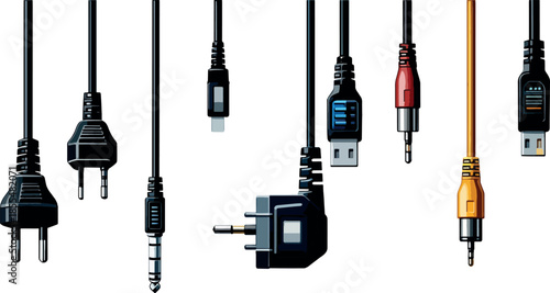 Set of Hanging Power Cables and Connectors with USB, Audio Jack and Electric Plugs Vector