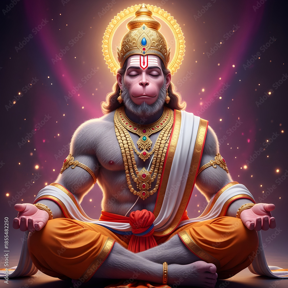 Obraz premium Divine depiction of Lord Hanuman meditating in a serene, spiritual setting with a glowing halo and sparkling background.