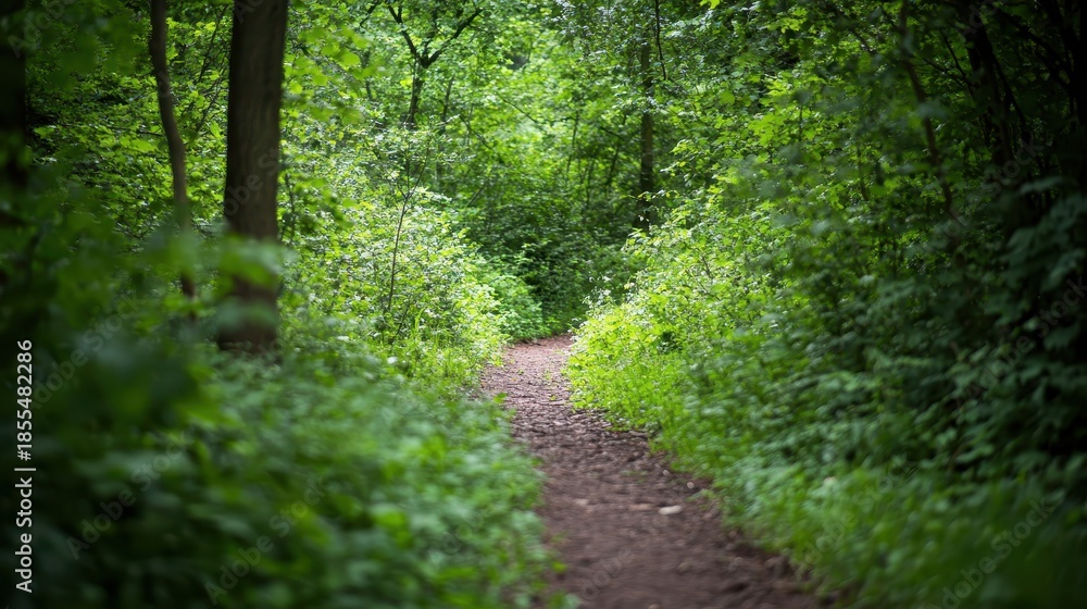 Obraz premium A winding dirt path leads through a dense green forest with lush vegetation and trees on either side