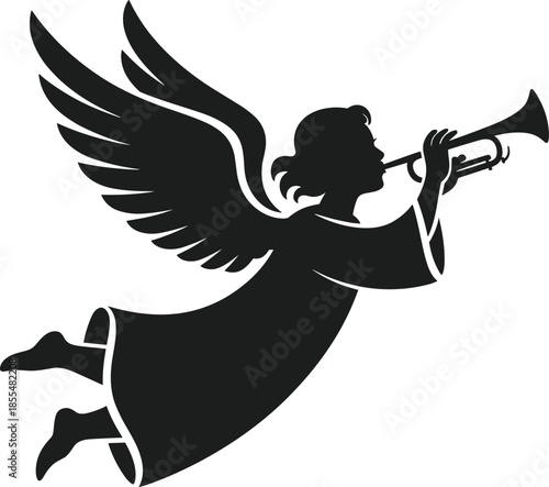 Black silhouette of an angel blowing a trumpet with wings and flowing robe vector
