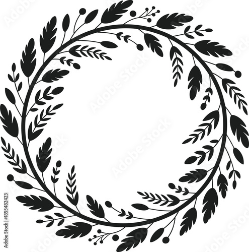 Black floral wreath silhouette with leaves and berries vector