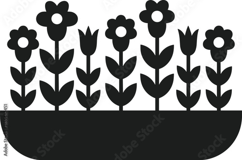 Black silhouette flower bed vector with various blooming flowers and tulips