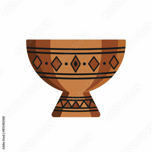 African Tribal Wooden Bowl Icon with Geometric Ethnic Ornament