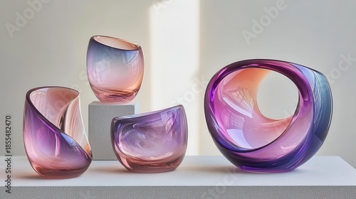 Abstract blown glass forms in soft pastel gradients displayed on a white surface