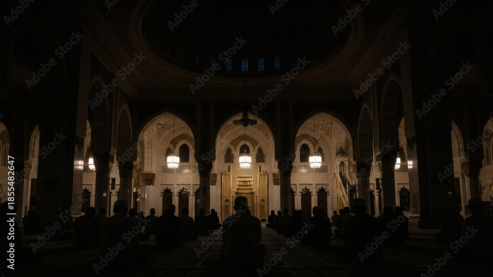 Fototapeta premium Muslim congregation praying together inside a mosque hall during Ramadan. 