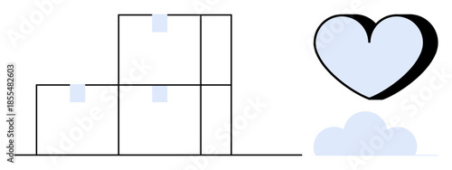 Logistics, storage solutions, sustainability, warehouse operation, eco-friendly practices, and care concepts. Stacked boxes with a heart symbol above a cloud. Logistics and sustainability concepts