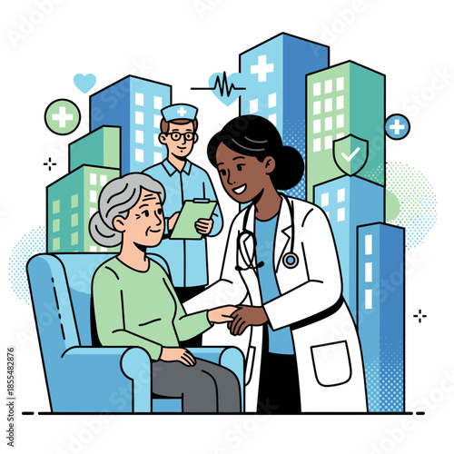 Compassionate Care for Every Patient Illustration Featuring a Female Doctor Supporting an Elderly Woman in a Chair with a Male Nurse and City Hospital Buildings Background