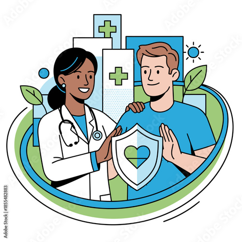 Trusted Healthcare Services for a Healthier Life Concept with Female Doctor and Male Patient Holding Heart Shield Icon for Medical Care and Wellness