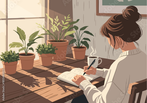 Woman Journaling at Cozy Desk Illustration