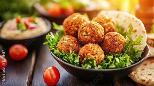 Close up shot of falafel dish with hummus and pita bread