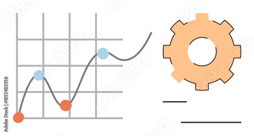 Line graph with data points showing upward trend alongside a cogwheel, suggesting analytics and optimization. Ideal for performance, innovation, technology, development, management, strategy