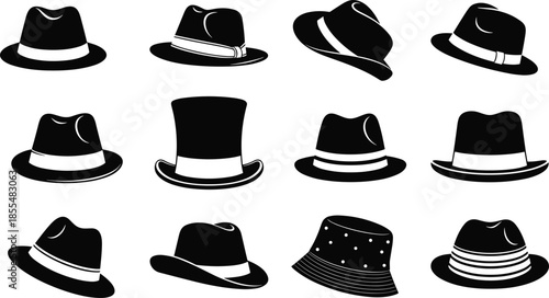 Hat silhouettes set black icon collection fedora vintage headwear fashion vector illustration isolated on white background for style design