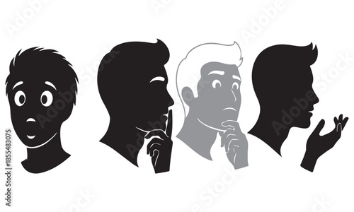 Four men in thoughtful poses with various expressions and hand gestures