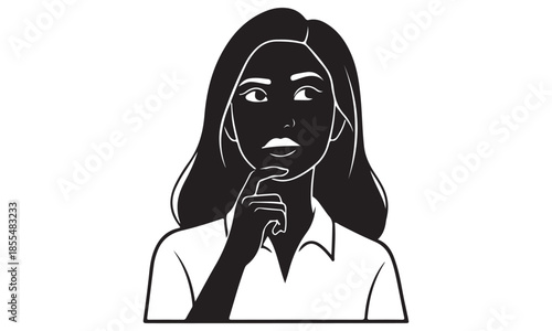 Thoughtful woman with hand on chin looking puzzled or surprised