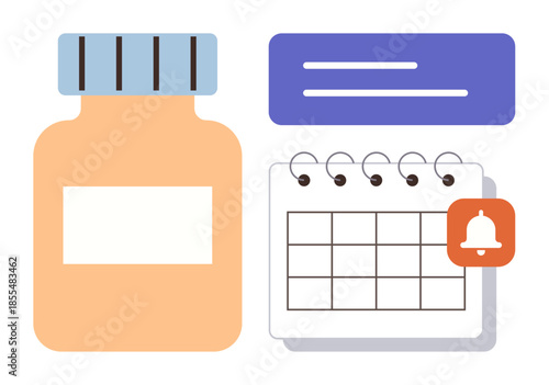 Prescription bottle next to a spiral calendar with a notification bell symbol. Ideal for scheduling, healthcare, medication tracking, time management, reminders, pharmacy use, simple flat metaphor