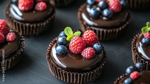 Delicious chocolate pastries with fresh fruit decorations