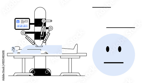 Robotic surgery, artificial intelligence, healthcare technology, medical automation, surgical innovations, future medicine. Robot-assisted surgery with a patient. Robotic surgery and healthcare
