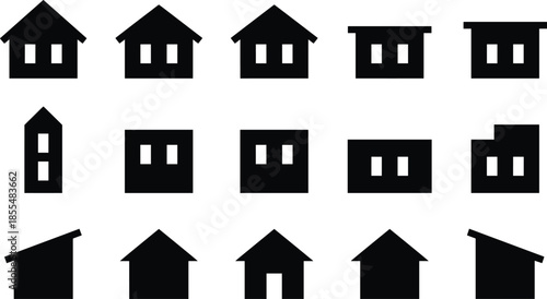 House silhouettes icon set, home building shapes, black vector collection, real estate symbols, minimal architecture design, isolated on white background