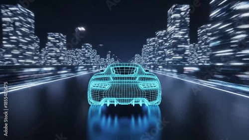 Futuristic Wireframe Sports Car Speeding Through a Digital Cityscape at Night with Motion Blur