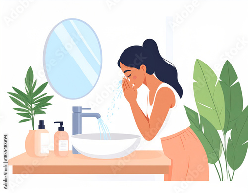 A woman with dark hair is washing her face over a white sink in a modern bathroom with plants and soap dispensers.