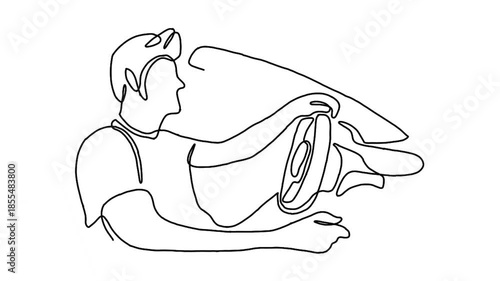 Continuous line animation of driver holds steering wheel