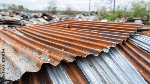 Discarded corrugated metal sheets showing rust and decay in an outdoor environment