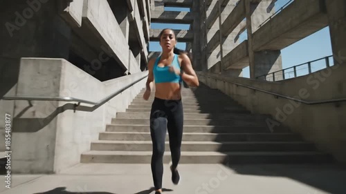 Determined athletic woman running up concrete stairs in a modern urban building. Fitness workout concept.