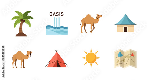 Flat lay of desert travel icons on a white background.