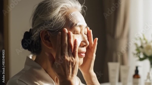 Peaceful Senior Asian Woman Applying Facial Cream for Relaxing Skincare Routine and Self-Care
