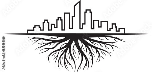 City roots vector concept with urban skyline and roots system illustration style