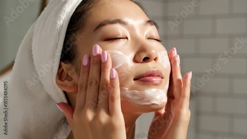 Young woman with towel on head applying face cream, eyes closed in relaxation, daily skincare routine