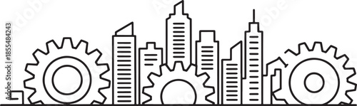 City skyline with gears concept of industry and technology line vector illustration