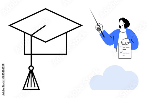 Graduation cap symbolizes achievement, educator gestures with pointer while holding document, alluding to learning and teaching. Ideal for education, success, training, tutoring, academic goals