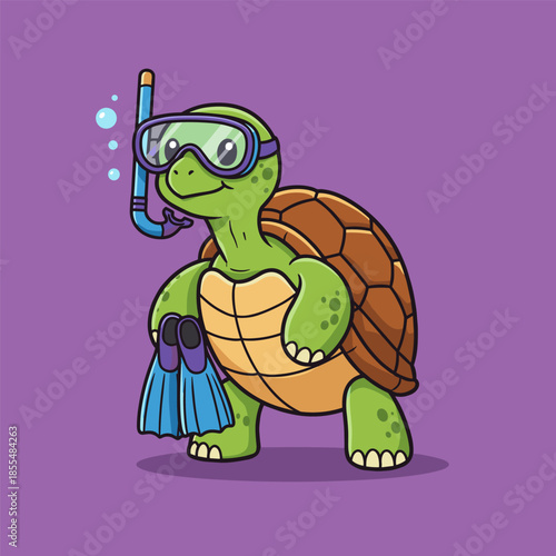 Funny cute cartoon turtle smiling happily in green nature illustration