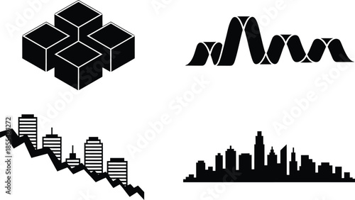 Cityscape downtown building silhouette abstract cubes background falling down concept