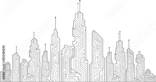 Cityscape illustration on transparent background with microchip inspired skyline
