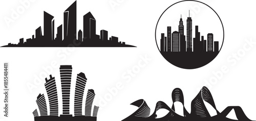 Collection of city silhouettes with buildings in circle on transparent gray backdrop