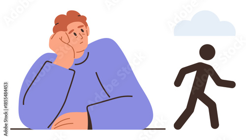 Thoughtful person resting chin on hand, watching a walking figure beneath a cloud. Ideal for themes such as introspection, change, solitude, departure, contemplation, mindfulness, and observation