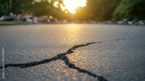 Cracked asphalt road surface showing detailed cracks and sunlight