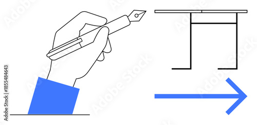 Workflow design, decision-making, creative process, productivity, office tasks, movement. A hand holding a pen, an outlined desk and an arrow. Workflow and decision-making visual
