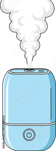 Blue humidifier illustration, modern home air humidifier emitting steam mist, flat vector appliance icon for indoor health comfort concept design